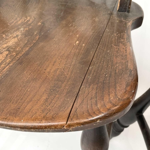 3015 - Set four beech and elm dining chairs, the spindle backs with central splats with carved roundels, so... 