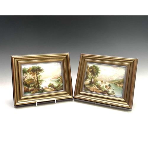 839 - A pair of English porcelain rectangular plaques, late 19th century, painted with lake scenes, each 1... 