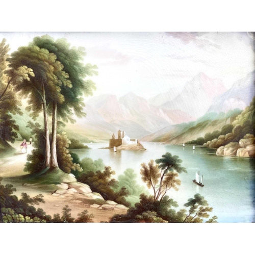 839 - A pair of English porcelain rectangular plaques, late 19th century, painted with lake scenes, each 1... 
