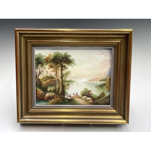 839 - A pair of English porcelain rectangular plaques, late 19th century, painted with lake scenes, each 1... 