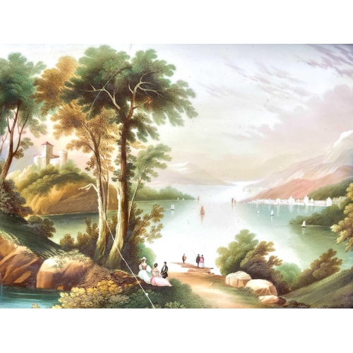 839 - A pair of English porcelain rectangular plaques, late 19th century, painted with lake scenes, each 1... 