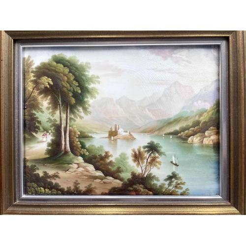 839 - A pair of English porcelain rectangular plaques, late 19th century, painted with lake scenes, each 1... 