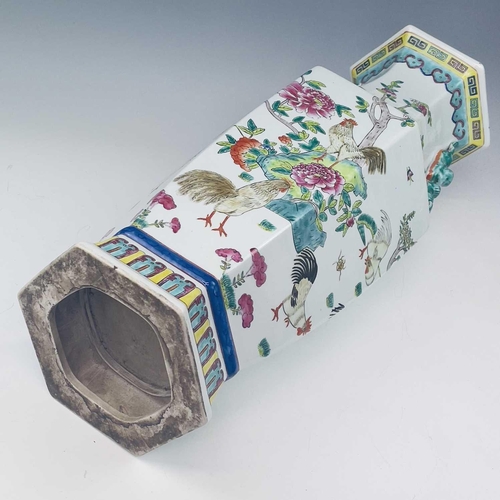 856 - A pair of late 20th century Chinese porcelain Famille rose hexagonal vases decorated with cockerels ... 