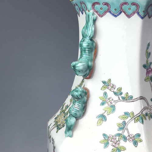 856 - A pair of late 20th century Chinese porcelain Famille rose hexagonal vases decorated with cockerels ... 