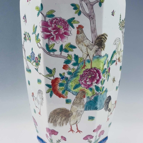 856 - A pair of late 20th century Chinese porcelain Famille rose hexagonal vases decorated with cockerels ... 