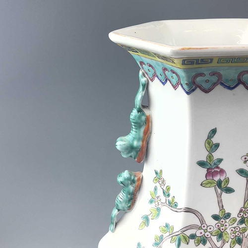 856 - A pair of late 20th century Chinese porcelain Famille rose hexagonal vases decorated with cockerels ... 
