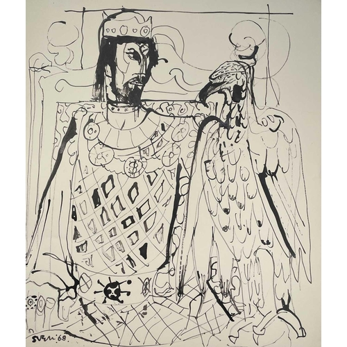 106 - Sven BERLIN (1911-1999) King and Queen with a Hawk (Two Drawings) Ink on paper Signed and dated '68 ... 