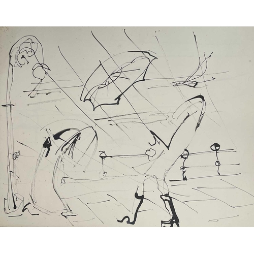 115 - Sven BERLIN (1911-1999) Untitled (Figures with Umbrellas) Ink and charcoal on paper Largest drawing ... 