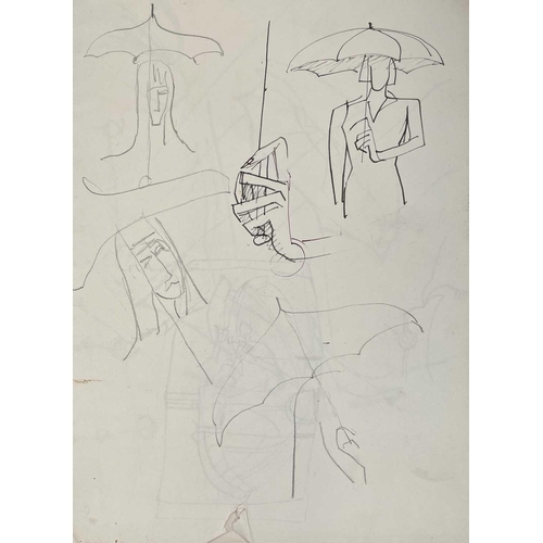 115 - Sven BERLIN (1911-1999) Untitled (Figures with Umbrellas) Ink and charcoal on paper Largest drawing ... 