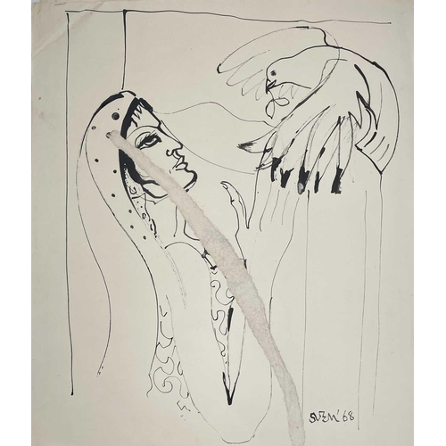 118 - Sven BERLIN (1911-1999) A selection of loose drawings of women with birds. Ink on paper Signed and d... 