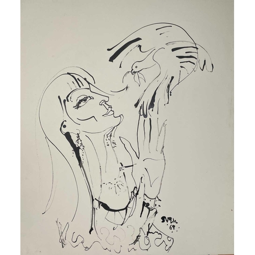 118 - Sven BERLIN (1911-1999) A selection of loose drawings of women with birds. Ink on paper Signed and d... 