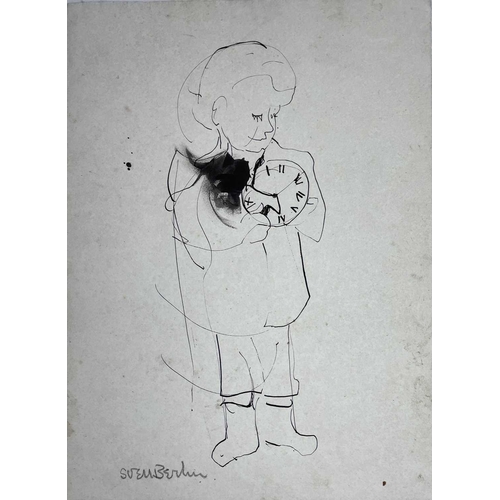 153 - Sven BERLIN (1911-1999) Untitled (Child with a Clock) Ink on paper Signed 40x29cm