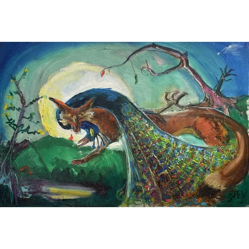 19 - Sven BERLIN (1911-1999) Untitled (Fox and Peacock) Oil on board Signed 61 x 91cm