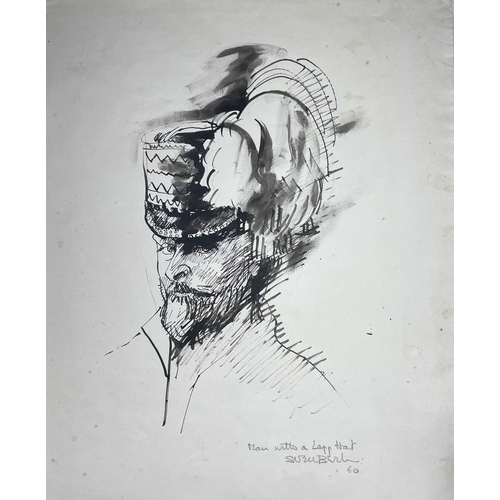 246 - Sven BERLIN (1911-1999) Self portrait Pen & ink 59x48cm Note: this was the Sami hat given to Berlin ... 