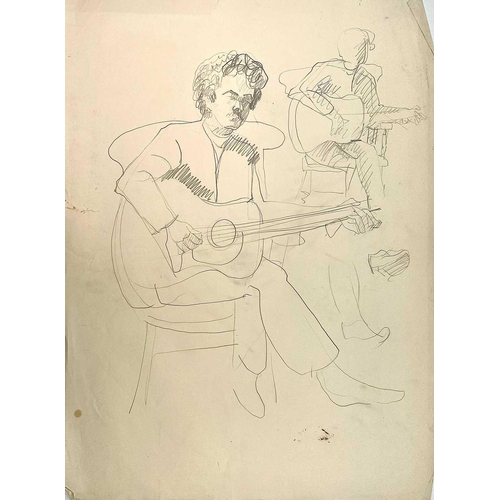 285 - Sven BERLIN (1911-1999) A collection of four drawings of figures with guitars. Graphite on paper 56x... 