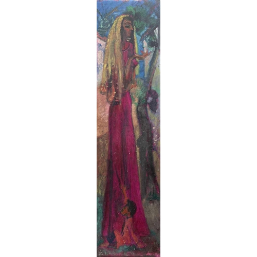 303 - Sven BERLIN (1911-1999) Les Saintes Maries Oil on wooden panel Signed to verso 92 x 24cm