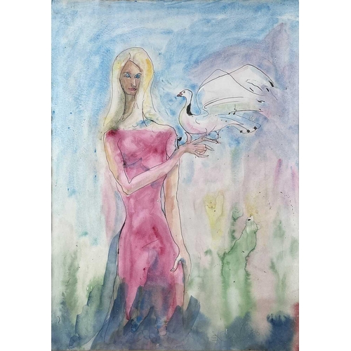 34 - Sven BERLIN (1911-1999) Girl and Dove Watercolour Signed and dated '86 76x55cm