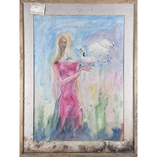 34 - Sven BERLIN (1911-1999) Girl and Dove Watercolour Signed and dated '86 76x55cm