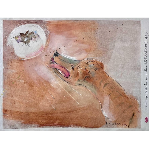 361 - Sven BERLIN (1911-1999) Hound Watching a Bat Mixed media monoprint (svenotype) Signed, inscribed and... 