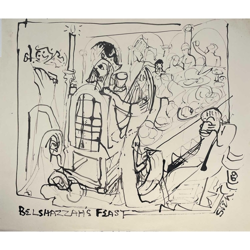 468 - Sven BERLIN (1911-1999) Belshazzah's Feast (Three works) Ink on paper Signed and dated '69 49x56cm