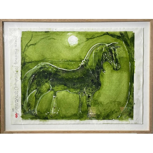 47 - Sven BERLIN (1911-1999) Horse Pissing Green Svenotype (monotype) Signed three times and sealed with ... 