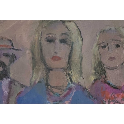 278 - Colin ORCHARD (1935) Two blondes and a gentleman wearing a fedora Oil on board Signed to the verso 1... 