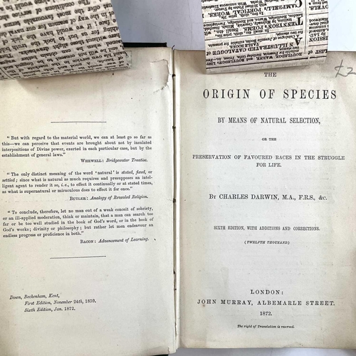 25 - CHARLES DARWIN. 'Origin of Species,' sixth edition, 12th thousand, original cloth, newspaper article... 
