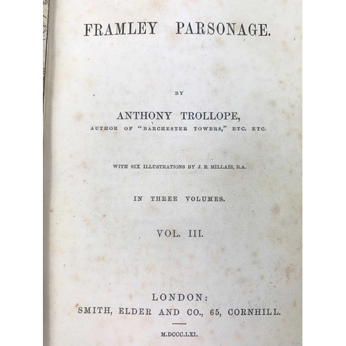37 - ANTHONY TROLLOPE. 'Framley Parsonage,' first edition, triple decker (three vols), half leather, rubb... 