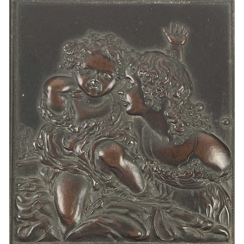 103 - A Victorian embossed bronzed plaque, of two children, signed H W Hayden, 9.5X8cm, in an ebonised fra... 