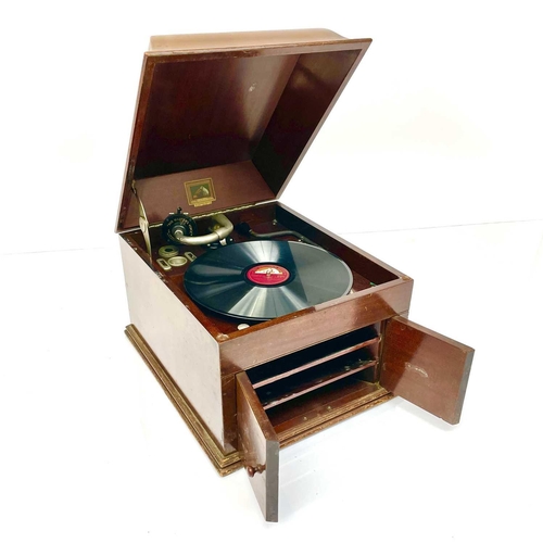 112 - An HMV model 109 tabletop mahogany gramophone, 1920s, with No 4 pick-up and twin front speaker doors... 