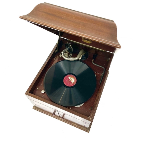 112 - An HMV model 109 tabletop mahogany gramophone, 1920s, with No 4 pick-up and twin front speaker doors... 