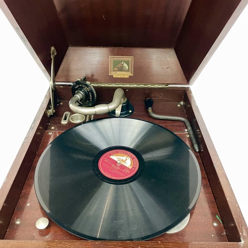 112 - An HMV model 109 tabletop mahogany gramophone, 1920s, with No 4 pick-up and twin front speaker doors... 