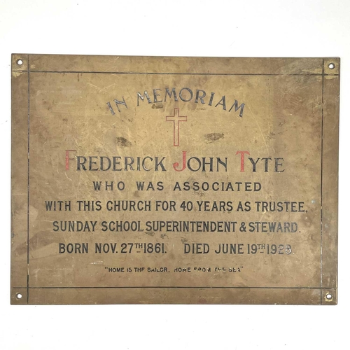 113 - A brass memorial plaque for Frederick John Tyte, 41.5X53.5cm.