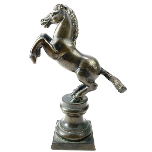 117 - A brass rearing stallion on a pedestal base, height 17cm.