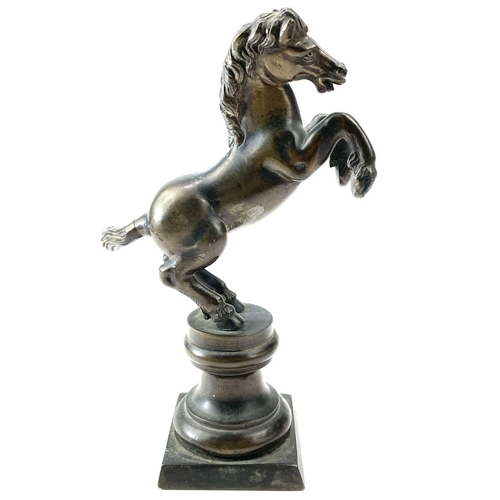 117 - A brass rearing stallion on a pedestal base, height 17cm.