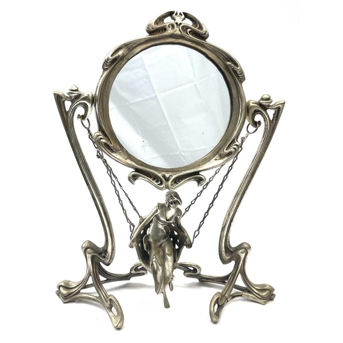 122 - An Art Nouveau style silver plated swing mirror, stamped Erte, Paris, modelled with a lady on a swin... 