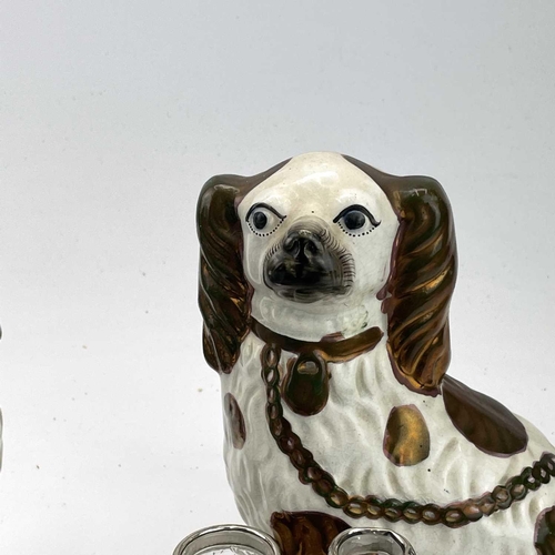 128 - Pair of Staffordshire copper lustre Spaniels together with a blue and white miniature pearlware plat... 