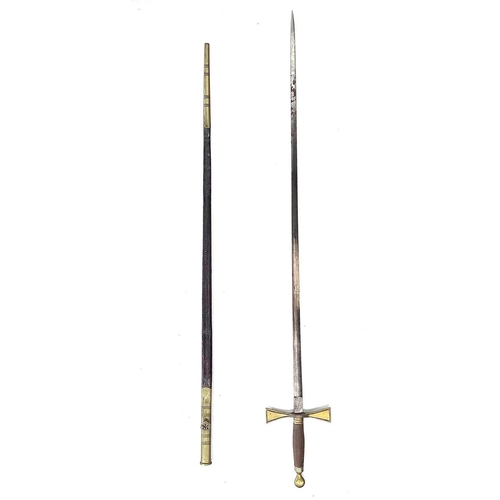 135 - A Masonic type ceremonial sword, with brass crosspiece and brass mounted leather scabbard, length 87... 