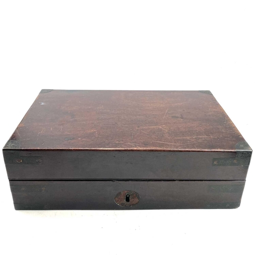 141 - An early 19th century mahogany and brass bound writing box with printing press by E Gaimes inscribed... 