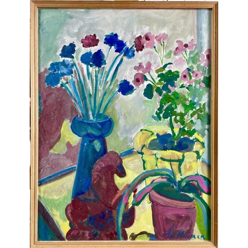 1412 - Tim Newman (1956), Spring flowers on a windowsill, Gouache, Signed, further inscribed and signed to ... 