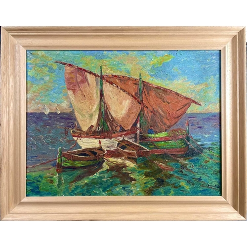 1418 - Periet Fishing Boats Signed, further signed and dated '69 in pencil to verso, oil on canvas, 45 x 48... 