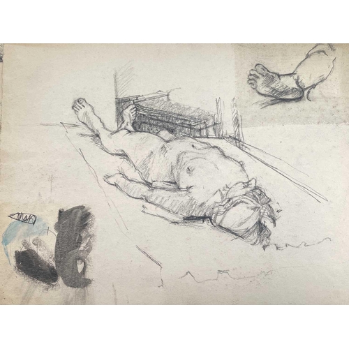 1423 - A portfolio of charcoal and other media still-life drawings and risqué scenes, mostly 35.5cm x 28cm.