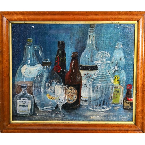 1424 - Eileen CROSS (XX) Guinness and other bottles still life Oil on board Signed 32.5cm x 40.5cm