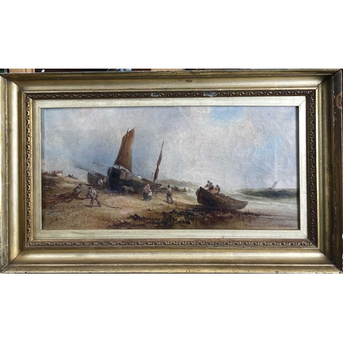 1444 - John Kenneth Green (W A Wall) Beached boats and Fisherfolk Signed W A Wall, oil on canvas, 20.5X41cm... 