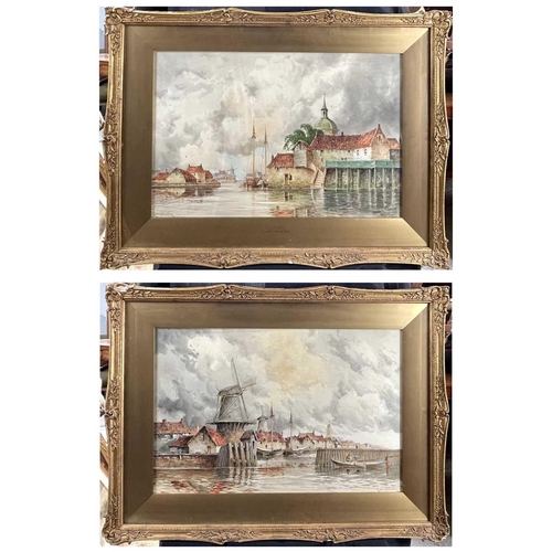 1454 - Louis Van Staaten Dutch riverside town scenes A pair of watercolours, each signed, 39X59cm, framed a... 