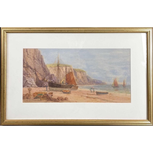 1456 - Frank HIDER (1861-1933) Boats on The Beach Watercolour Signed 20 x 40cm