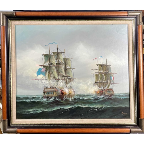 1464 - P Davies (XX) Battle at sea Oil on canvas 59.5cm x 49.5cm