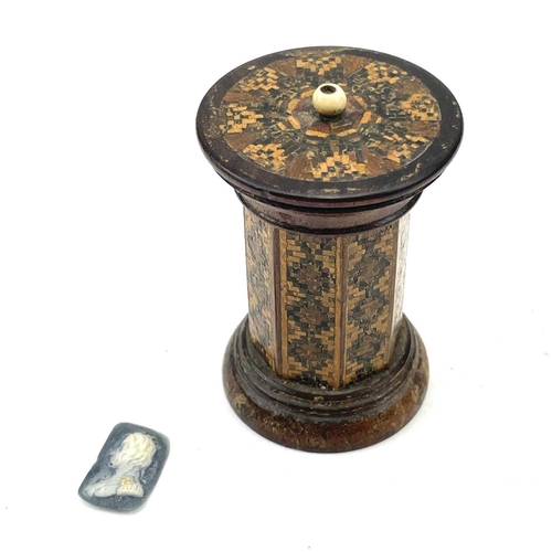 152 - A Tunbridge ware 'go to bed', mid 19th century, of octagonal section with turned cover, height 6.5cm... 