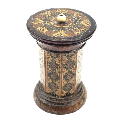 152 - A Tunbridge ware 'go to bed', mid 19th century, of octagonal section with turned cover, height 6.5cm... 