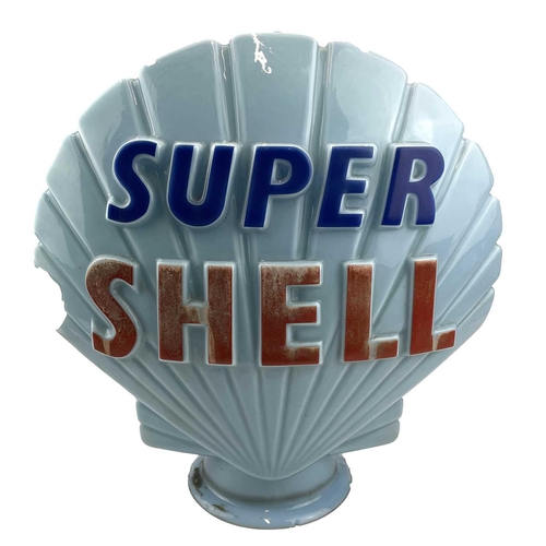 16 - A blue glass 'Super shell' petrol pump globe, height 45cm.Hole to one side, chips to base.... 